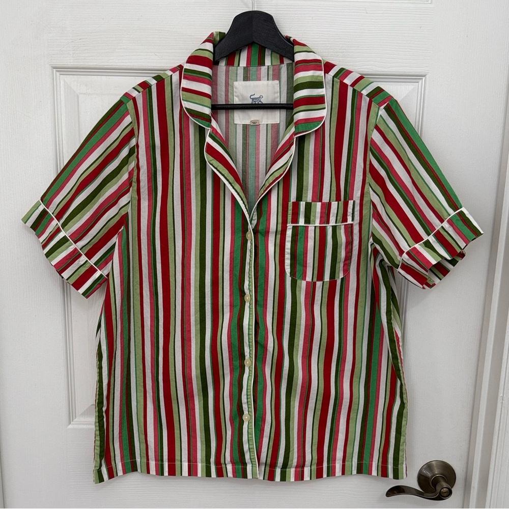 Printfresh women’s Short Sleeve Candy Cane Stripe button down PJ Top - Picture 2 of 6